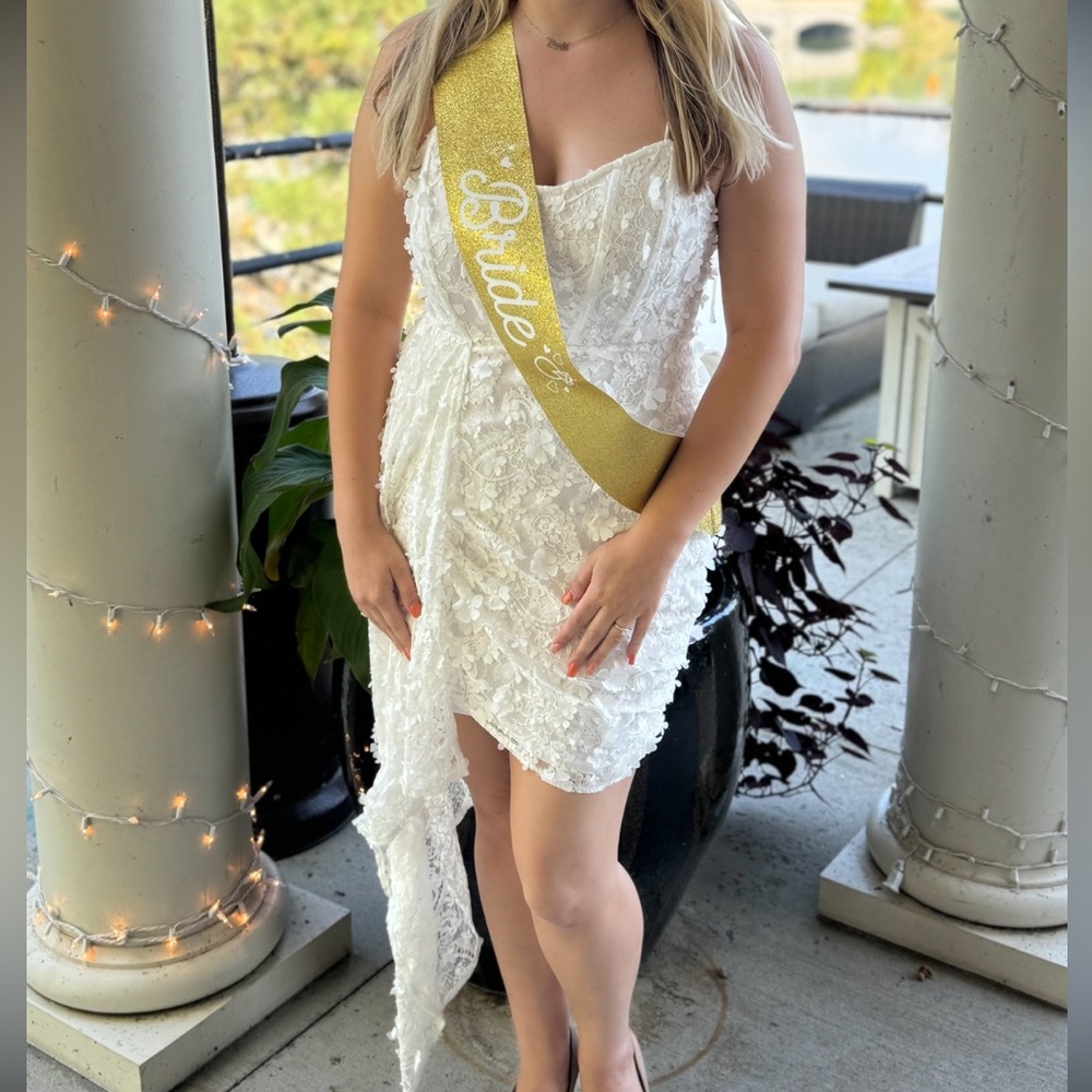 Avec Les Filles White Lace Overlay Dress for Bachelorette or Bridal Shower